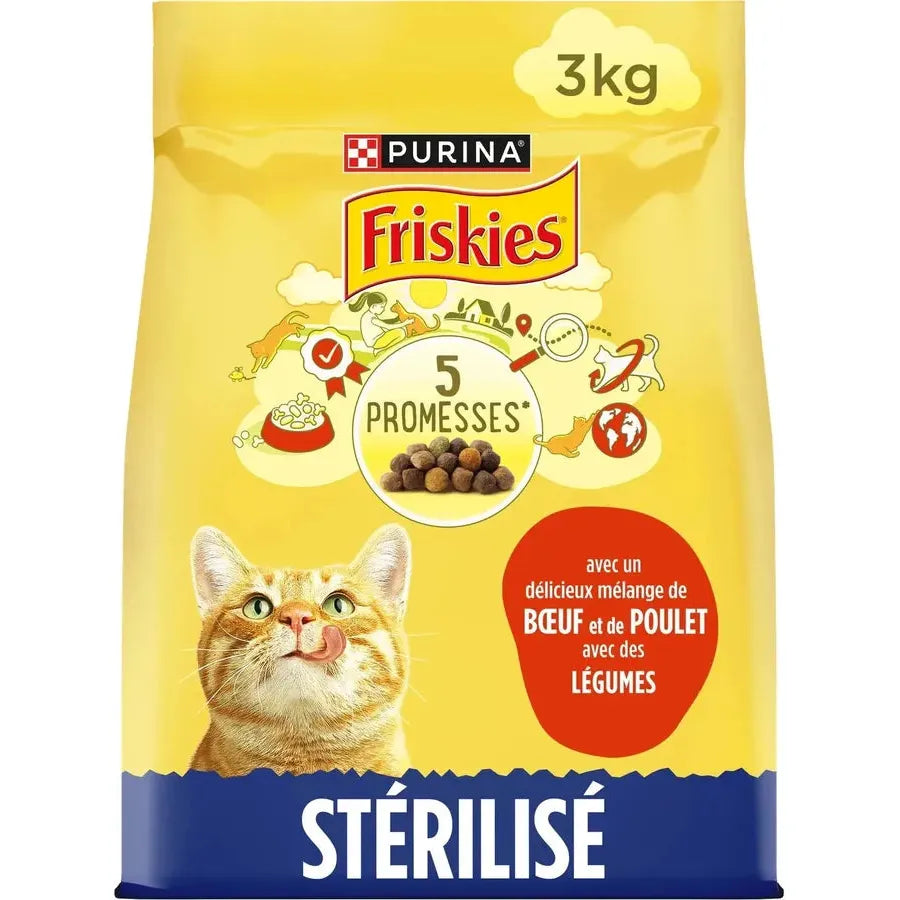 PURINA FRISKIES 5 Promesses Stérilisé 3 kg – Croquettes Chat Stérilisé Bœuf, Poulet & Légumes