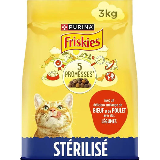 PURINA FRISKIES 5 Promesses Stérilisé 3 kg – Croquettes Chat Stérilisé Bœuf, Poulet & Légumes