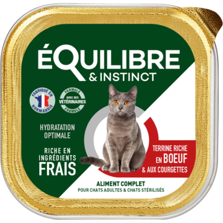 EQUILIBRE & INSTINCT Terrine pour chat stérilisé riche en boeuf & aux courgettes 85g