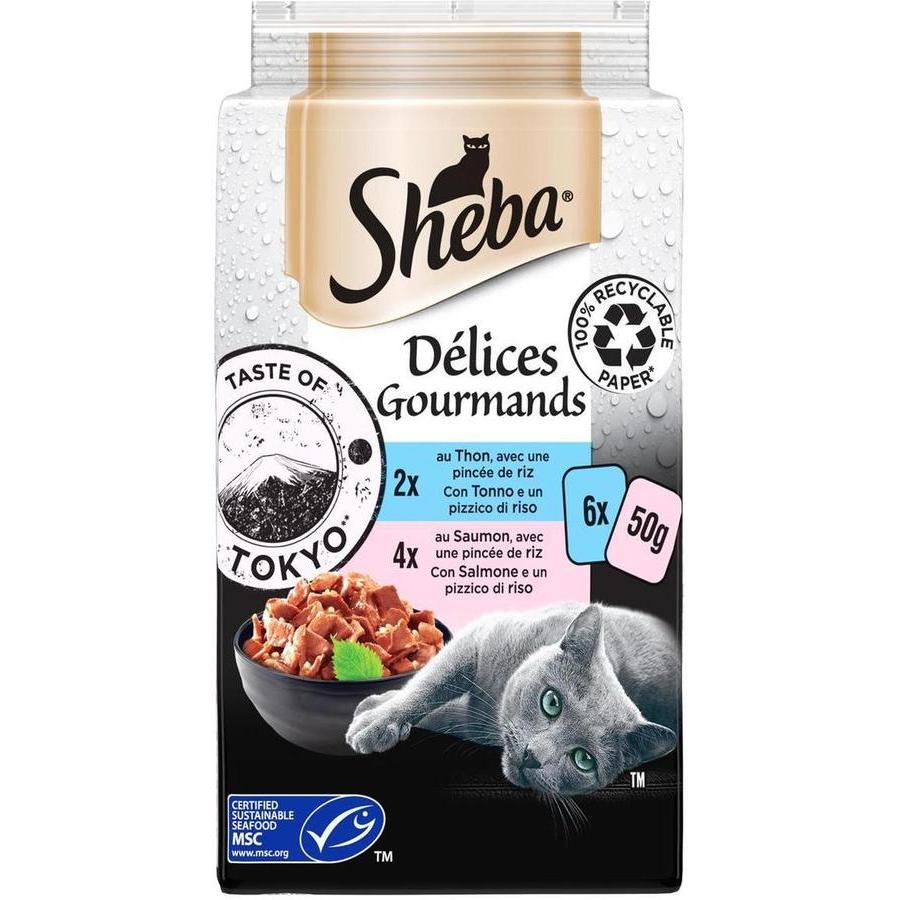 SHEBA Délices Gourmands Taste of Tokyo Thon Saumon Poisson Blanc Riz 6x50g