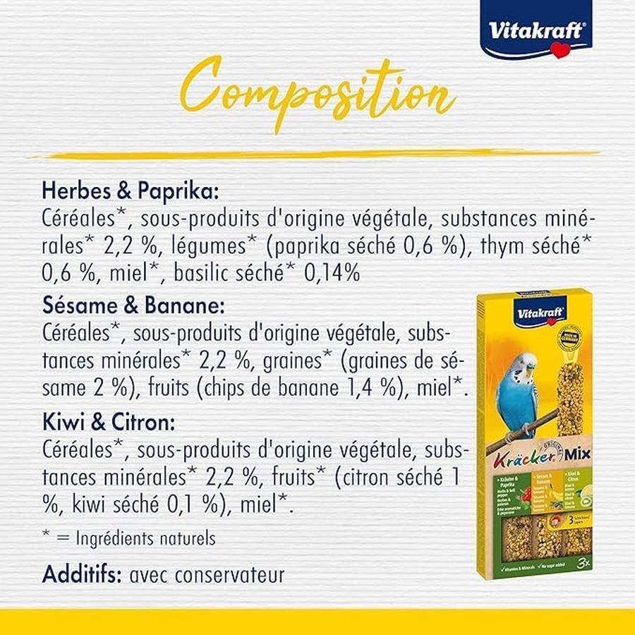 VITAKRAFT Kräcker Trio Perruches Herbes & Paprika / Kiwi & Agrumes / Banane & Sésame 10x90g
