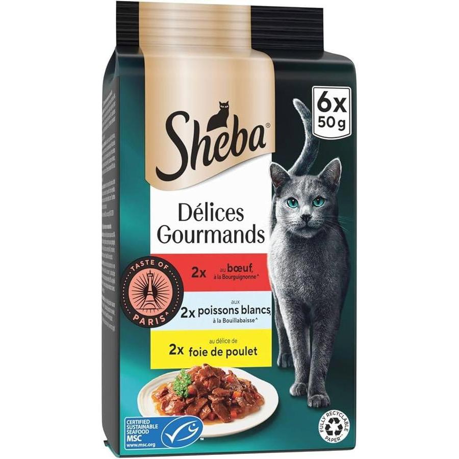 SHEBA Délices Gourmands Taste of Tokyo Thon Saumon Poisson Blanc Riz 6x50g