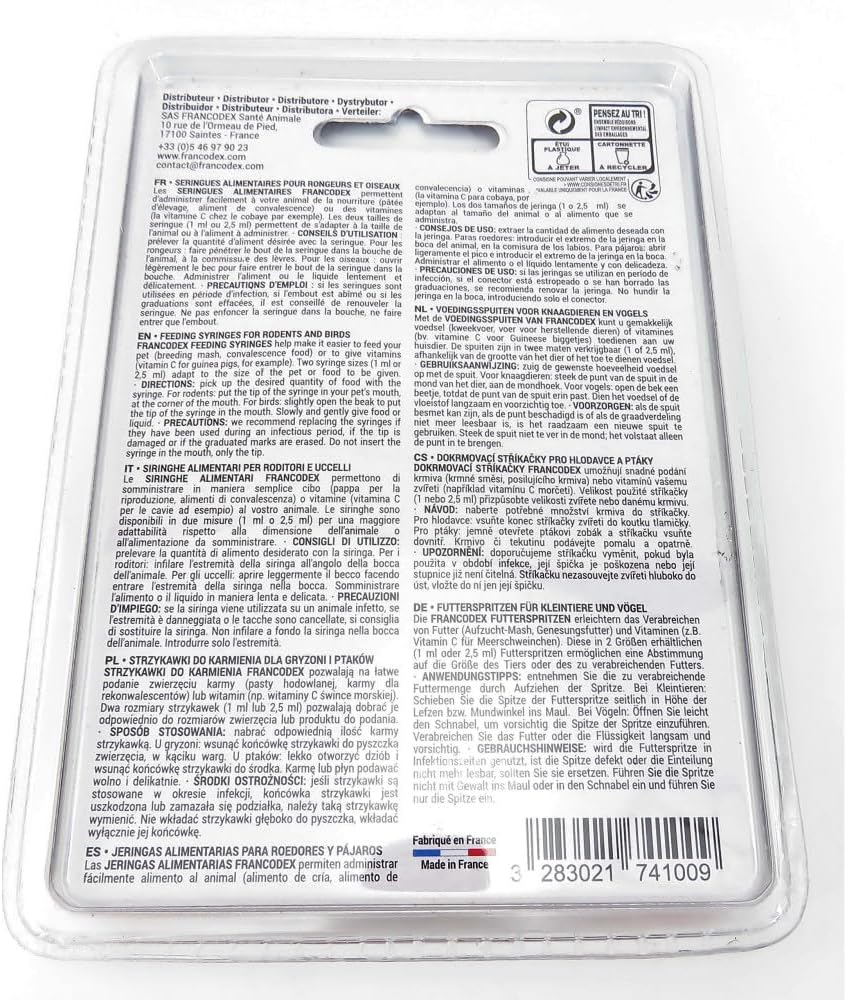 FRANCODEX Seringues Alimentaires pour Oiseaux et Rongeurs 2 Tailles 1ml et 2,5ml