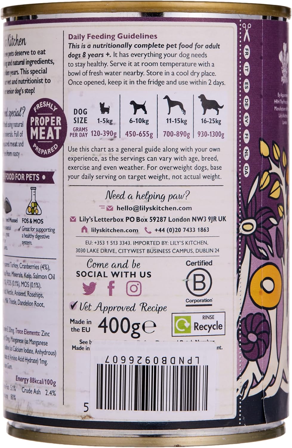 LILY'S KITCHEN Senior Terrine Dinde Cranberry et Légumes 400g