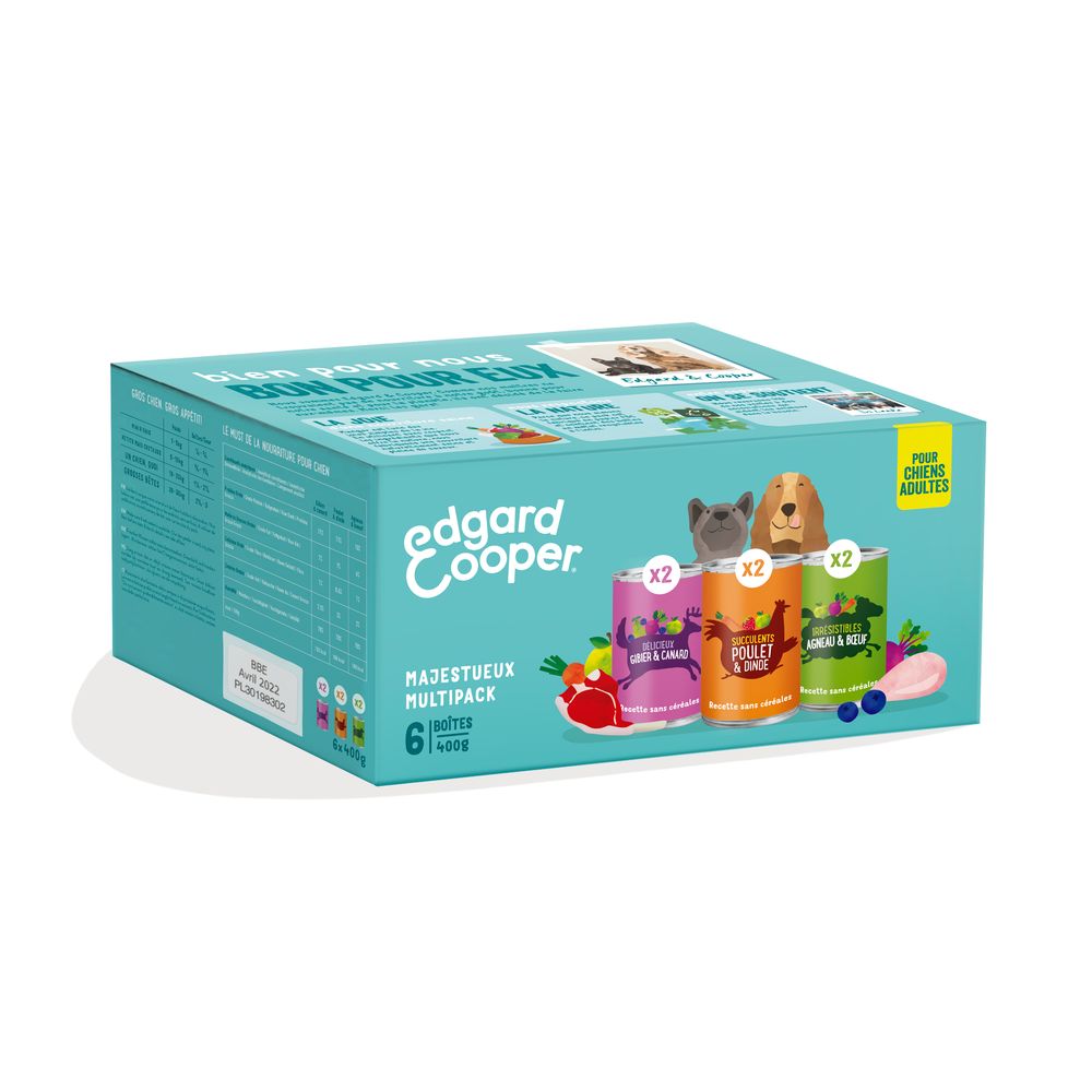 EDGARD & COOPER Multipack Pâtées Sans Céréales Chien Adulte 6 x 400 g (Poulet & Dinde, Agneau & Bœuf, Gibier & Canard)
