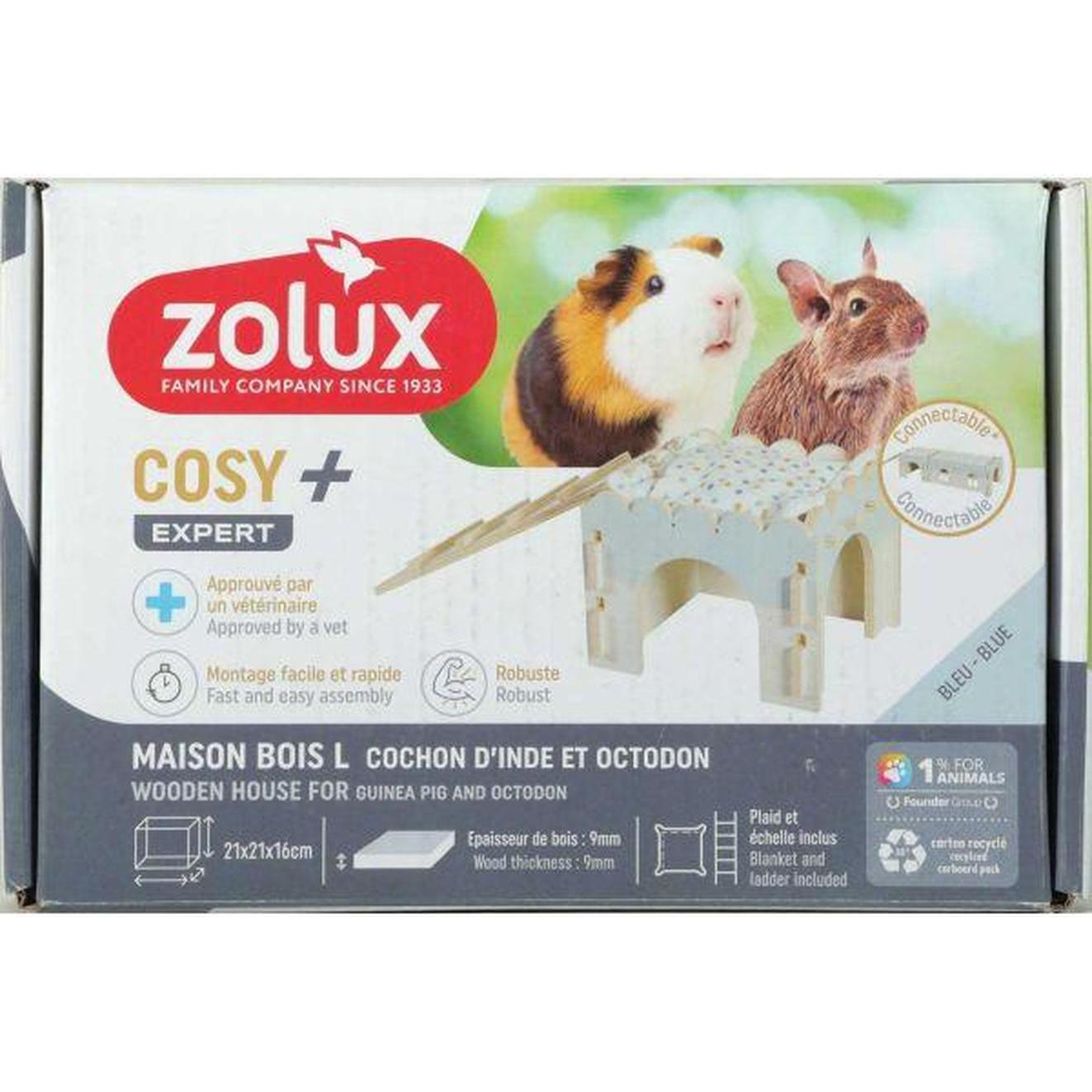 ZOLUX Maison en bois Cosy+ L pour octodon et cochon d'Inde Bleu 21x41x16 cm