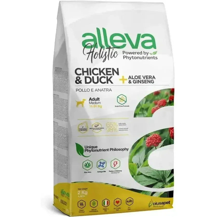 Croquettes sans céréales Alleva Holistic Poulet & Canard + Aloe Vera & Ginseng chien adulte medium