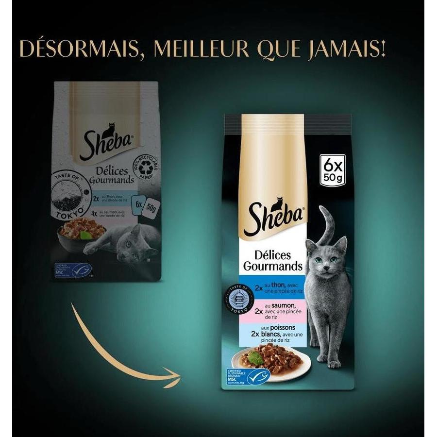 SHEBA Délices Gourmands Taste of Tokyo Thon Saumon Poisson Blanc Riz 6x50g