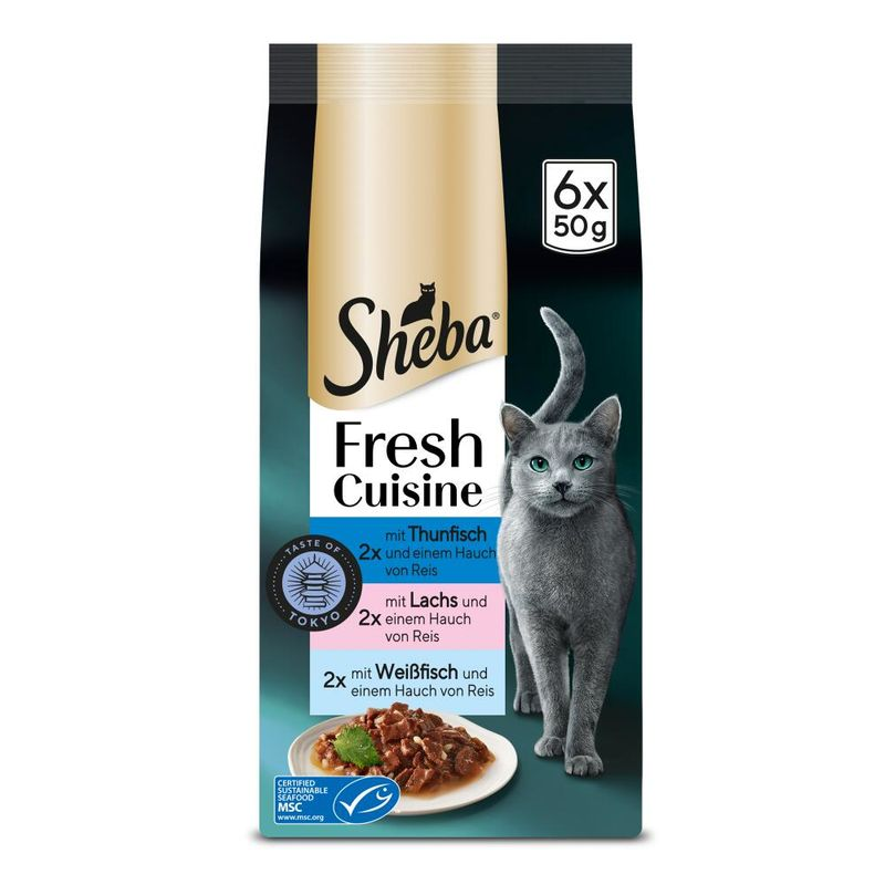 SHEBA Délices Gourmands Taste of Tokyo Thon Saumon Poisson Blanc Riz 6x50g